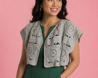 Patrón de bolero con motivos de ganchillo, chaqueta corta floral, cárdigan bohemio, encaje de verano (patrón en PDF)