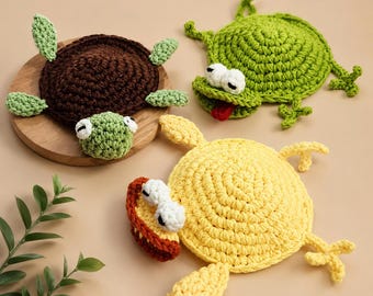 Paquete de patrones PDF para posavasos desplegables de animales de ganchillo 3 en 1 / Posavasos de rana, tortuga y pato