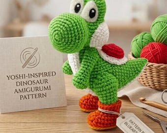 Patrón de ganchillo en PDF inspirado en Yoshi / Amigurumi de dinosaurio / Peluche de dinosaurio apto para principiantes