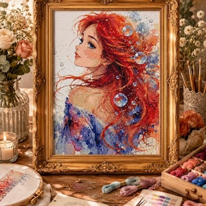 Red Hair Mermaid Cross Stitch Pattern PDF | Fantasy Mermaid Embroidery | Ocean Princess Counted Cross Stitch | Watercolor Mermaid | Instant
