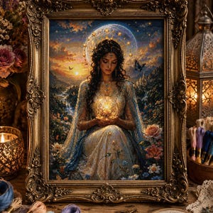 Puede incluir: Un bordado en punto de cruz enmarcado que representa a una persona con cabello largo y oscuro con una túnica fluida, sosteniendo un orbe brillante. La escena incluye una luna grande, estrellas, mariposas y flores. El marco es dorado y ornamentado.