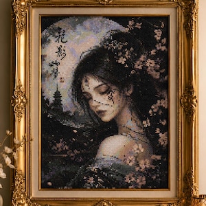 Woman Moon Cross Stitch Pattern PDF, Japanese Girl with Cherry Blossoms, Gothic Floral Embroidery, Full Coverage Instant Download