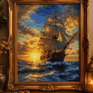 Modèle de point de croix de voilier (PDF) | Grille de broderie de grand voilier au coucher du soleil | Décoration murale nautique | Point de croix compté | Instantané