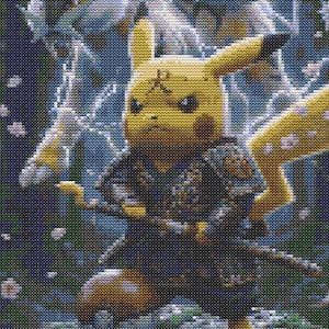 Pikachu Inspired Samurai Cross Stitch Pattern PDF, Pokémon Fan Art, Anime Embroidery Chart, Digital Download