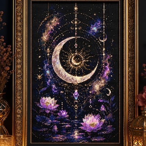 Puede incluir: Una pintura de diamantes enmarcada que presenta una gran luna creciente y un símbolo solar centrados sobre un fondo cósmico oscuro y estrellado con nubes de nebulosa púrpuras y azules. Debajo, flores de loto rosas flotan en agua oscura.