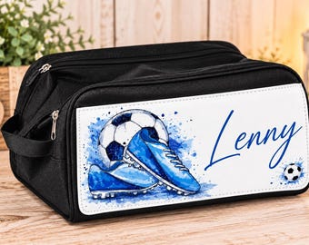 May include: A black rectangular toiletry bag featuring a white front panel with a blue watercolour graphic of a football and a boot. The name Lenny is printed in blue script on the right side, accompanied by a small football icon.