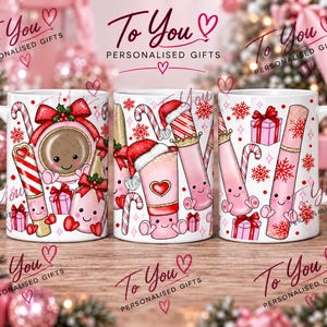 May include: A white ceramic mug featuring a festive Christmas-themed pattern with cartoon-style makeup items, candy canes, gift boxes, and snowflakes in shades of pink and red. The text To You PERSONALISED GIFTS is printed on the mug.