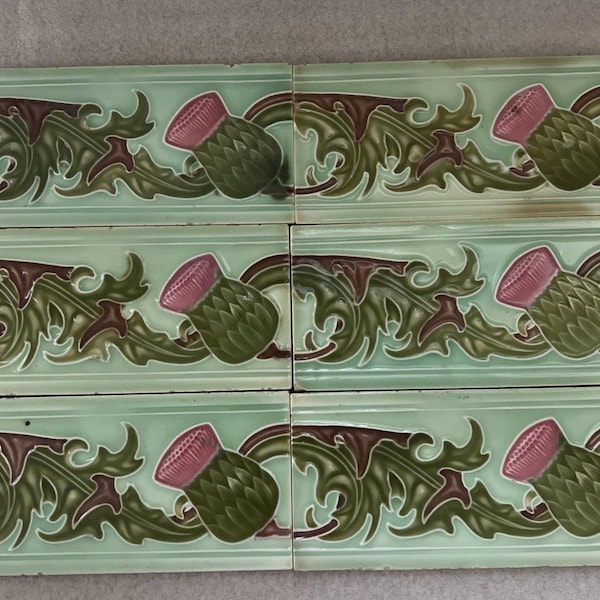 Antique Saji Japanese Majolica Border Tiles Scottish Thistle Frieze Set of 6