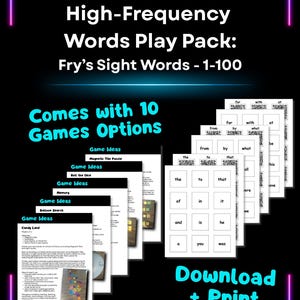 May include: A black graphic with the text "Winzle KIDS" and "High-Frequency Words Play Pack: Fry's Sight Words - 1-100." It includes game ideas and sight word cards. The words "Download + Print" are also visible.