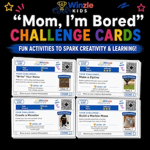 Könnte beinhalten: Ein Set aus vier weißen, rechteckigen Herausforderungskarten mit dem Titel Mom, I'm Bored Challenge Cards von Winzle Kids. Jede Karte enthält eine Herausforderungsnummer, Anweisungen, eine Schwierigkeitsbewertung, einen QR-Code und ein Foto.