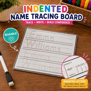 May include: A white rectangular indented name tracing board featuring the name Emma Williams in both cursive and print styles. The board includes horizontal lines for writing practice, a reusable label, and a black dry erase marker.