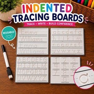 May include: Four white rectangular indented tracing boards with black lines and letters, numbers, and the name Emma Williams. Includes a black dry-erase marker. Text on boards includes the alphabet in uppercase and lowercase, numbers zero through nine, and the name Emma Williams. A circular inset shows a close-up of the letter a.