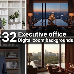 May include: A collection of 32 executive office digital zoom backgrounds featuring various professional settings, including bright home offices with bookshelves, dark wood libraries, and modern conference rooms with city skyline views at sunset.