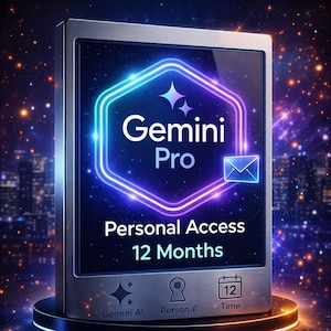 May include: A silver-colored digital device with a screen displaying the words "Gemini Pro" inside a glowing blue and purple hexagon. Below, it reads "Personal Access 12 Months." The device sits on a gold-colored base.