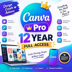 Op de afbeelding: Een promotionele afbeelding voor Canva Pro met een laptop en smartphone die de interface tonen. De tekst bevat Design Create Achieve, Canva Pro 12 Year Full Access en somt functies op zoals Premium Templates, Magic Tools en Cloud Storage.