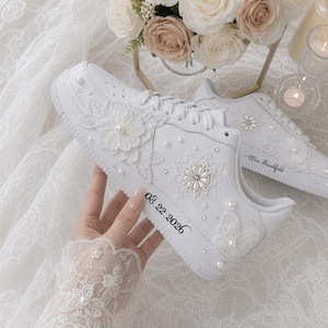 Personalized Bridal Sneakers, Custom Wedding Shoes for Bride, White Reception Sneakers, Bride Name and Date Shoes