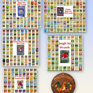May include: A collection of five grid displays of trading cards, each featuring a central deck box with text labels including Base Set 102 Cards, Classic Base Set 130 Cards, Team Rocket Set 83 Cards, Jungle Set 64 cards, Fossil 62PCS, and a circular plaque.