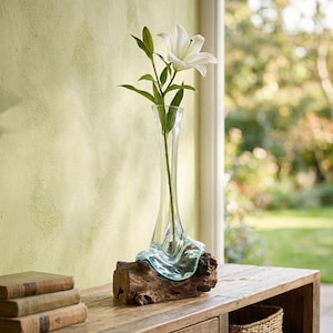 Pode incluir: Um vaso de vidro transparente com um pescoço fino e alargado e uma base orgânica larga, moldada para encaixar num pedaço de madeira flutuante castanho-escuro. Um lírio branco com folhas verdes está colocado dentro do recipiente de vidro.