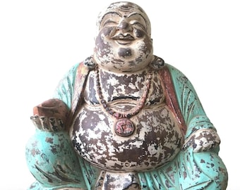 Statua vintage del Buddha che ride in legno massello di Suar – Scultura artigianale (40 cm, 5 kg)