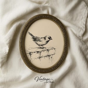 Peut inclure: Une impression d'art vintage encadrée, de forme ovale. Le cadre doré présente un motif orné. L'illustration en noir et blanc représente un oiseau perché sur un mur de briques. Le texte "Vintage Art Prints" est en bas.