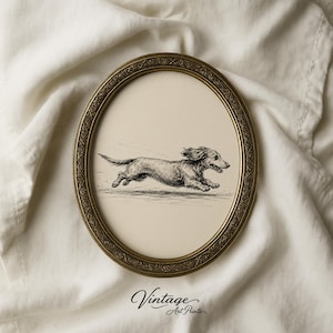 Running Dachshund Zoomies Art | Vintage Wiener Dog Sketch | Minimalist Sausage Dog Line Drawing | Rustic Dog Wall Decor | Digital Download