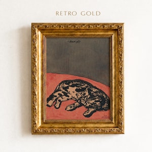 Vintage Sleeping Cat Painting Print, Cozy Resting Cat on Red Blanket Wall Art, Antique Pet Portrait, Cat Lover Gift,Vintage Style Gold Frame