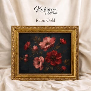 Peut inclure: Une œuvre d'art murale rectangulaire présentant un fond bleu marine foncé avec des fleurs rouges et roses, encadrée dans un cadre doré orné et texturé. Le texte "Vintage Art Prints" et "Retro Gold" est imprimé au-dessus de l'œuvre.