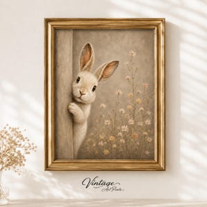 Peut inclure: Une impression d'art encadrée représentant un lapin beige clair qui regarde derrière le bord d'un mur vertical, à côté d'un champ de petites fleurs sauvages délicates. L'œuvre est insérée dans un cadre doré métallique simple et classique.
