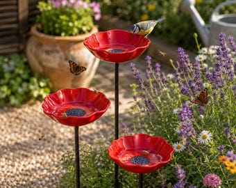 Poppy Flower Garden Stake – Bee & Butterfly Water Station, Bird Bath Decor