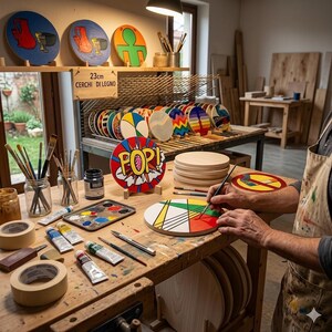 May include: A workshop scene with various painted wooden circles. Some circles are displayed on shelves, while others are being painted on a workbench. Colors include red, blue, yellow, and green. Paint tubes, brushes, and other art supplies are visible.