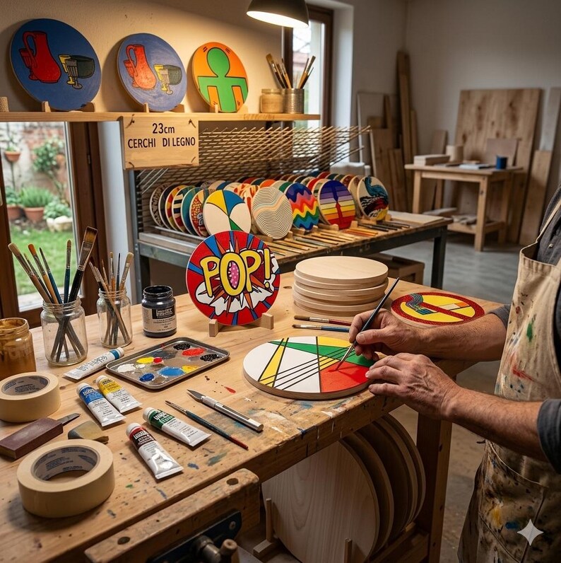 May include: A workshop scene with various painted wooden circles. Some circles are displayed on shelves, while others are being painted on a workbench. Colors include red, blue, yellow, and green. Paint tubes, brushes, and other art supplies are visible.