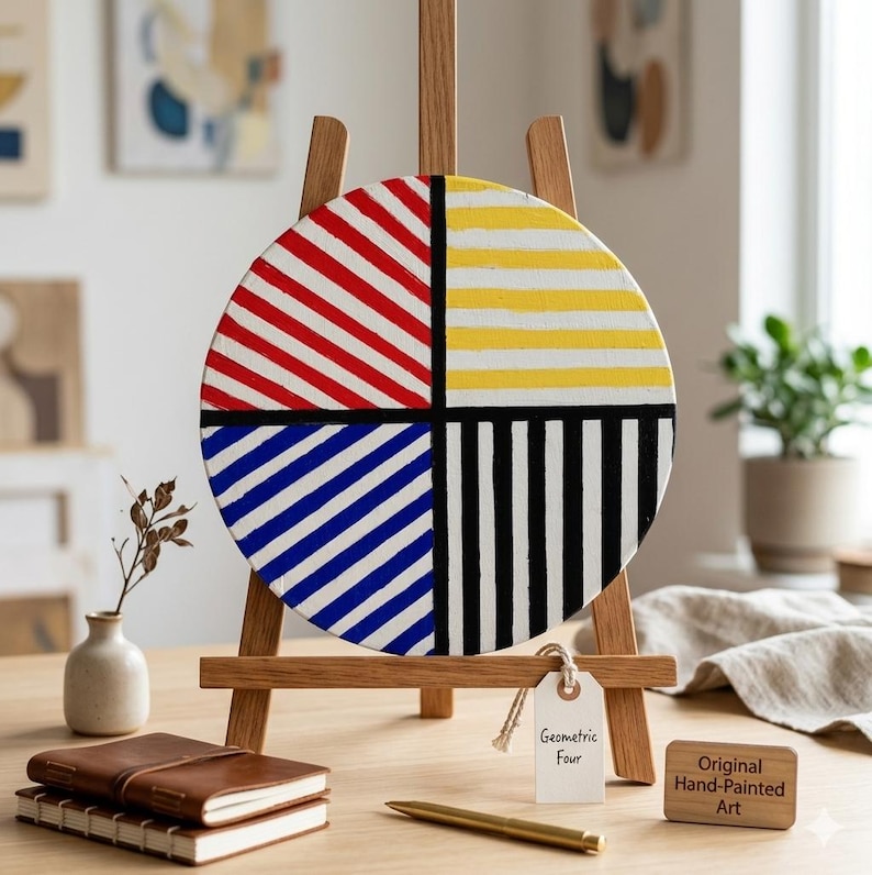 May include: A round, hand-painted artwork titled "Geometric Four" is displayed on a wooden easel. The artwork is divided into four quadrants with red and white diagonal stripes, yellow and white horizontal stripes, blue and white diagonal stripes, and black and white vertical stripes.