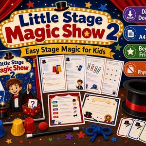 Könnte beinhalten: Ein digitales Download-Set mit dem Titel Little Stage Magic Show 2, bestehend aus 10 A4-Seiten mit Zaubertricks für Anfänger. Enthält ein spiralgebundenes Anleitungsheft, einen schwarzen Zylinder mit rotem Band, bunte Becher, einen Zauberstab und Seil.