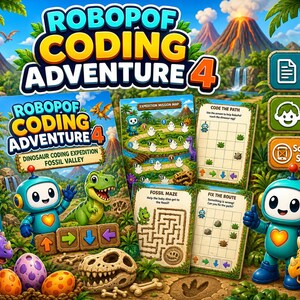 May include: Robopof Coding Adventure 4 educational set featuring a book titled Dinosaur Coding Expedition Fossil Valley, activity cards with mazes and path coding, a blue robot character, and various colorful dinosaur figures in a jungle.