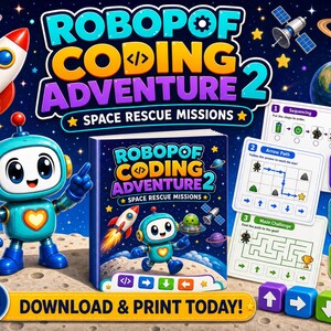 Könnte beinhalten: Ein digitales Lernheft mit dem Titel Robopof Coding Adventure 2 Space Rescue Missions, das einen blauen Roboter, Weltraummotive und druckbare Arbeitsblätter mit Sequenzierungs-, Pfad- und Labyrinthaufgaben für Kinder von 4-7 Jahren enthält.