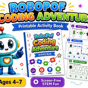 Può includere: Un libro di attività stampabile RoboPof Coding Adventure con un robot blu, schede didattiche su sequenze, percorsi a frecce e labirinti, oltre a etichette per bambini dai 4 ai 7 anni e divertimento STEM senza l'uso di schermi.