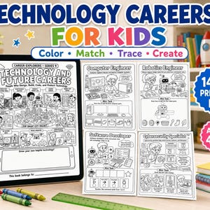May include: A 14-page printable PDF activity book titled Technology and Future Careers for Kids, featuring black and white coloring pages with illustrations of computer, robotics, and software engineers, plus a cybersecurity specialist.