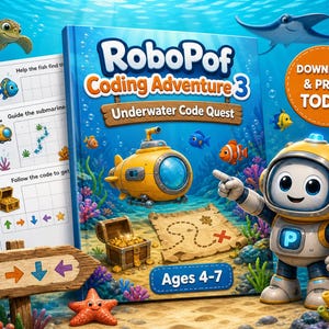 Puede incluir: Un libro azul titulado RoboPof Coding Adventure 3 Underwater Code Quest para edades de 4 a 7 años, con un submarino amarillo, un cofre del tesoro y un robot con traje de buzo. Incluye hojas de actividades imprimibles con peces y submarinos.