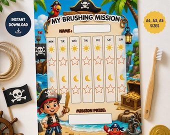 Pirate Brushing Chart for Boys | Printable Tooth Brushing Reward Chart | Kids Morning & Evening Routine | Editable PDF