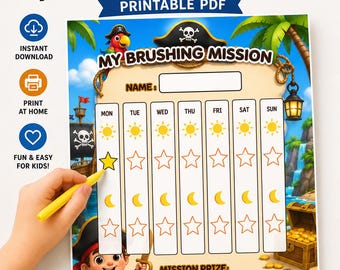 Piraten-Zahnputz-Belohnungstabelle für Jungen | Druckbare Zahnputz-Belohnungstabelle | Morgen- und Abendroutine für Kinder | Bearbeitbares PDF