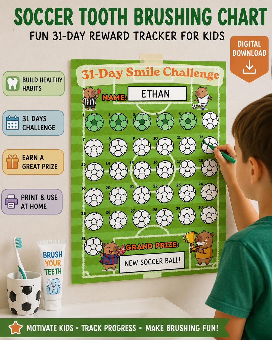 Soccer Tooth Brushing Chart, Kids Reward Chart Printable, Dental ...