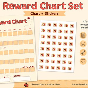 May include: A reward chart set featuring a ladybug-themed weekly tracker with yellow task rows and a matching sheet of ladybug stickers. The text includes Reward Chart Set, Chart + Stickers, Name, Reward, and A fun and easy way to encourage good habits.