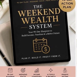 May include: A black tablet showing "The Weekend Wealth System" in gold lettering, with a 90-day action plan and icons representing income strategies and passive income. The phrase "Turn Your Weekends Into Wealth" is at the bottom.