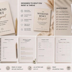 May include: A weekly planner and workbook titled "The Weekend Reset Blueprint" with a beige cover and gold accents. The image includes various planning pages, a pen, and a cup of coffee. The planner is designed to help reset and thrive.