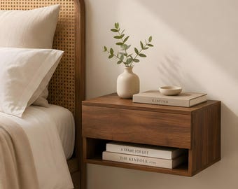 Walnut Floating Nightstand with Drawer, Modern Wall Mounted Bedside Table