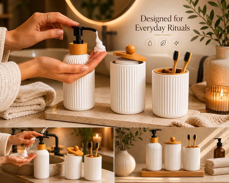 Japandi Bathroom Accessories Set, Ribbed White Dispenser, Bamboo ...