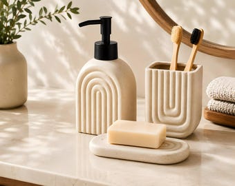Ceramic Bathroom Accessories Set, Japandi Decor, Soap Dispenser, Toothbrush Holder, Soap Dish