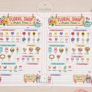 Puede incluir: Un formulario de pedido de floristería impreso con secciones para la ocasión, selección de flores, estilo de jarrón, tamaño, cinta y mensajes especiales. El diseño incluye ilustraciones coloridas de flores, corazones y regaderas con etiquetas.