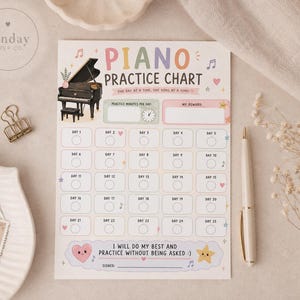 May include: A white paper piano practice chart featuring a black grand piano illustration, pastel-colored text, and a grid of twenty-five numbered circles for tracking daily progress. The chart includes sections for practice minutes and rewards.