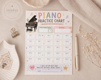 May include: A white paper piano practice chart featuring a black grand piano illustration, pastel-colored text, and a grid of twenty-five numbered circles for tracking daily progress. The chart includes sections for practice minutes and rewards.